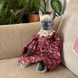 Floral Red Cat Doll with Lace Collar